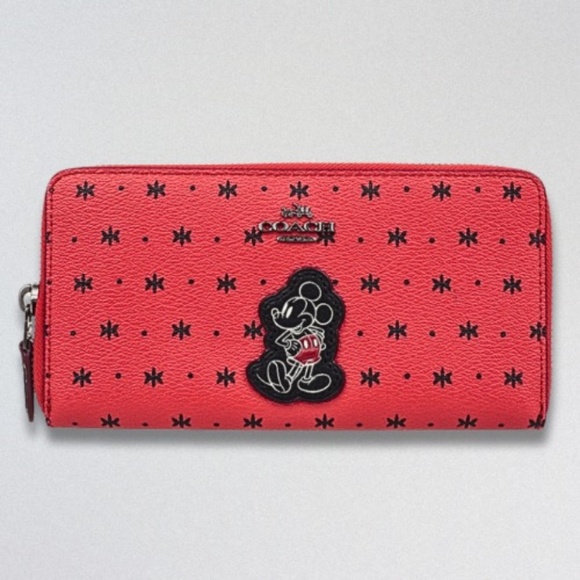 Coach Mickey Mouse Prairie Wallet Bandana Print Full Zip Pebble Leather Red W OS - Picture 1 of 16